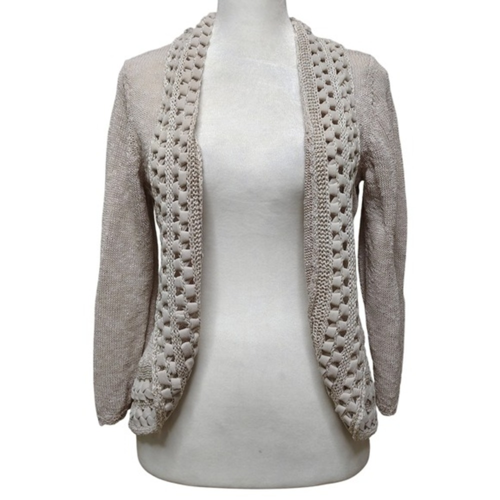 Coldwater Creek Open Front Cardigan Medium‎ Beige Knit Textured Trim Lightweight